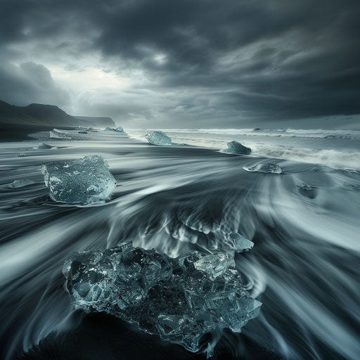 Overcast day at Diamond Beach, Iceland with moody atmosphere and reflective ice