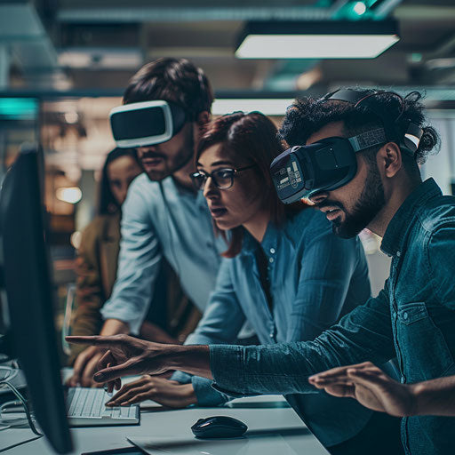 Team using VR to visualize data in futuristic office