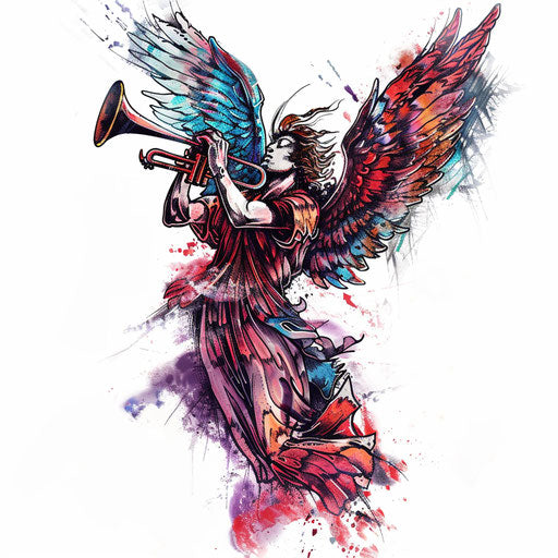 Angel Gabriel with trumpet and spread wings in a mix of soft and bold colors, against white backdrop