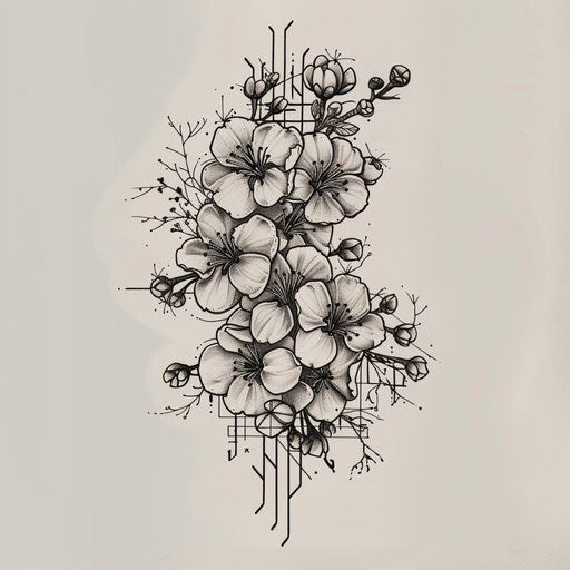 Elegant flat tattoo sketch of sakura blooms intertwined with traditional Japanese patterns