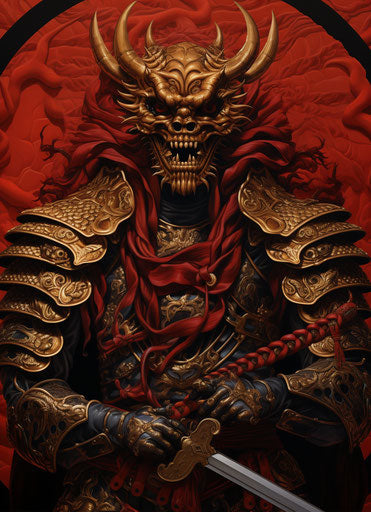 Samurai in shinobi armor wielding two swords, bold colors