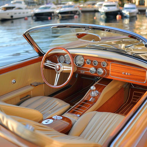 Luxury yacht-inspired Aston Martin DB6, with wood paneling and nautical details, showcased at a Monaco marina