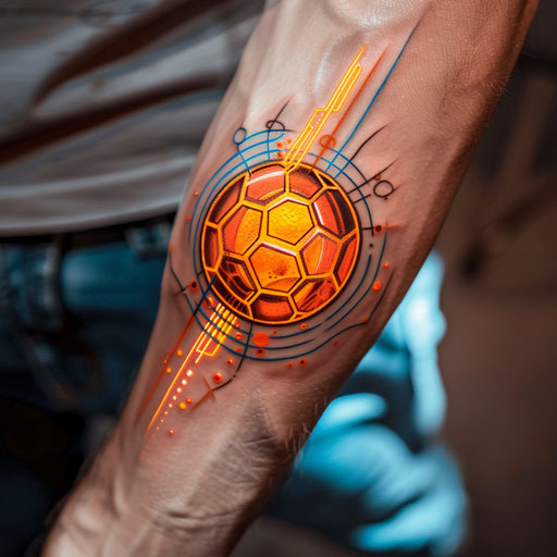 Dynamic flat tattoo sketch of a neon soccer ball with light trail