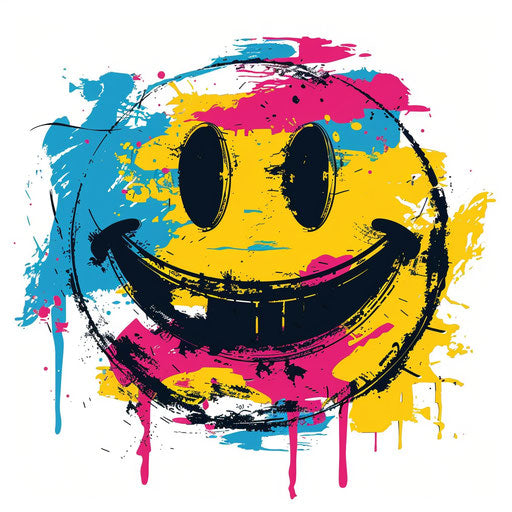 Illustration of retro pop art style smiley face tattoo, vivid colors, on white