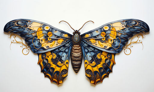 Blue and yellow moth with skull eyes, wings on white background
