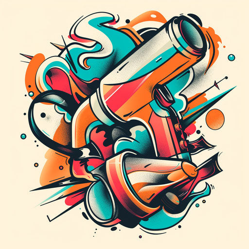 Energetic sketch of a hair dryer and styling products in motion