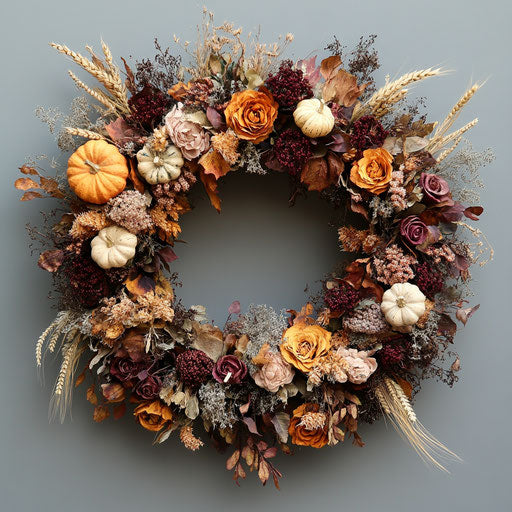 Wreath of dried flowers in deep autumnal hues
