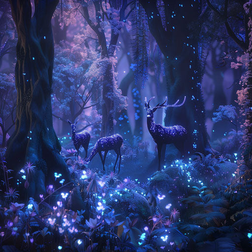 Ethereal forest with bioluminescent plants and glowing gazelles