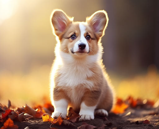 Young breed puppy, light maroon and gold, folk/naïve style