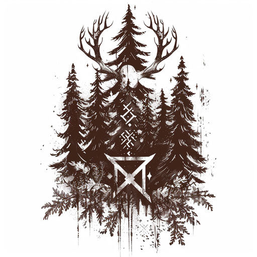 Nordic forest tattoo design with runic symbols and thick foliage on white backdrop