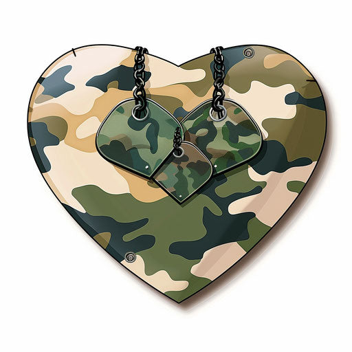 Camouflage heart with dog tags on white background