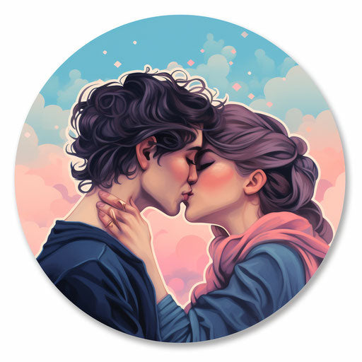 Cartoon love kiss on pink sticker, childlike hd style