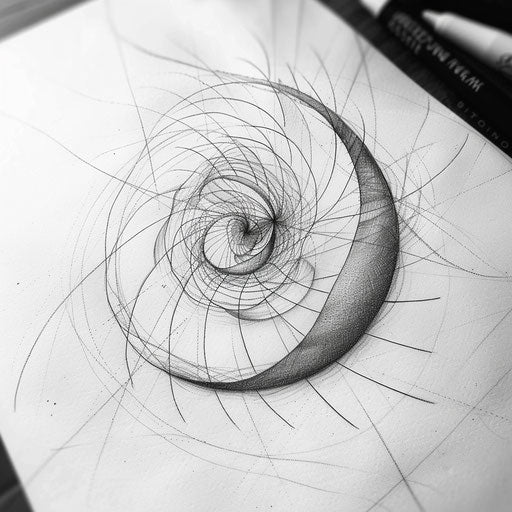 Detailed sketch of a Fibonacci spiral with fine lines and subtle shading
