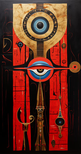 Ankh with an eye, womancore style, Moebius colors, dignified poses