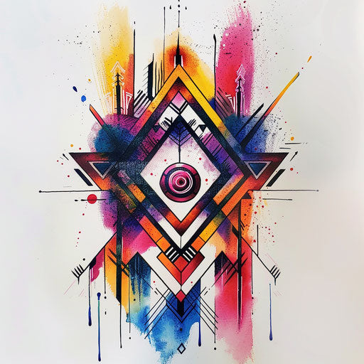 Abstract tattoo sketch of a Kalinga symbol with geometric shapes in vivid hues