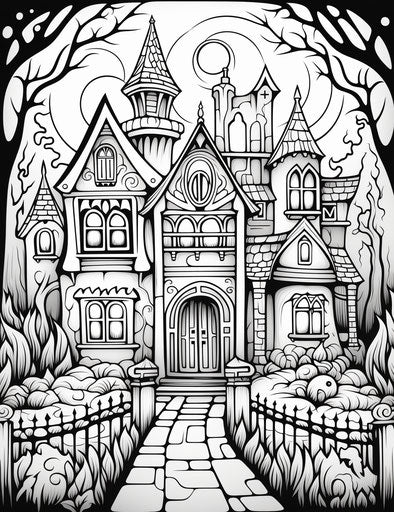 Halloween coloring ideas houses, in the style of captivating, Sudersan Pattnaik, Craola, dark pink and white, suburban ennui capturer, Ilford pan f, stained glass 24:31