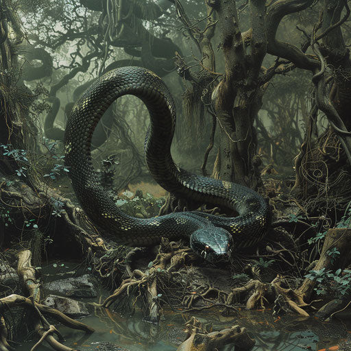 Black mamba snake in a fantastical forest