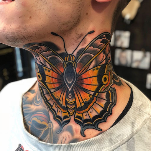 Butterfly neck tattoo with heroic elements