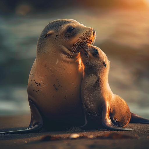 Sea lion with pup under soft light, heartwarming moment