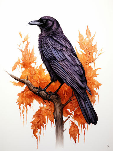 Crow on white background with orange coloring, dark matter art style
