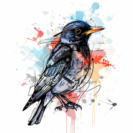 Modern flat tattoo sketch of a blackbird with abstract watercolor splashes