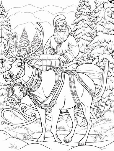 Coloring page sleigh with reindeers and Santa