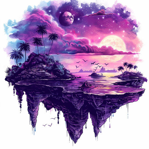 Floating islands at twilight in purple and pink