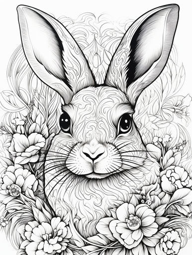 Zentangle rabbit with flowers, Ivan Shishkin style