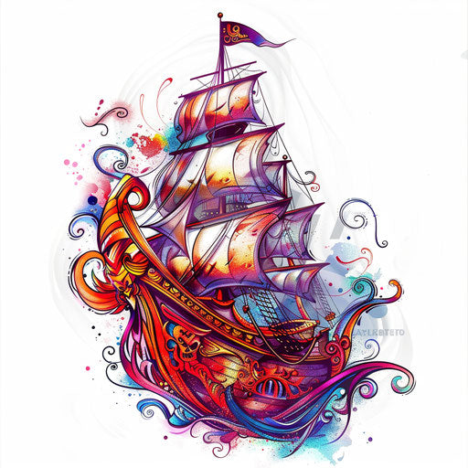 Tattoo sketch of a pirate ship with vibrant colors