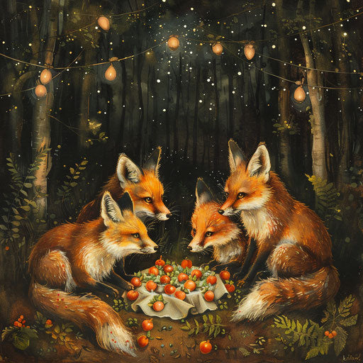 Foxes feasting under stars in the forest