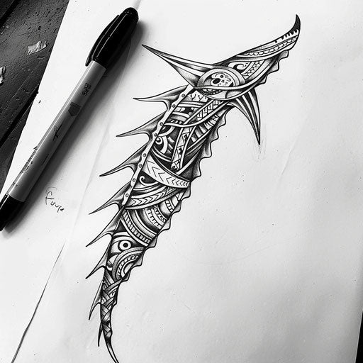 Sketch of a Polynesian tribal tattoo with ocean waves and shark teeth, designed on white background.