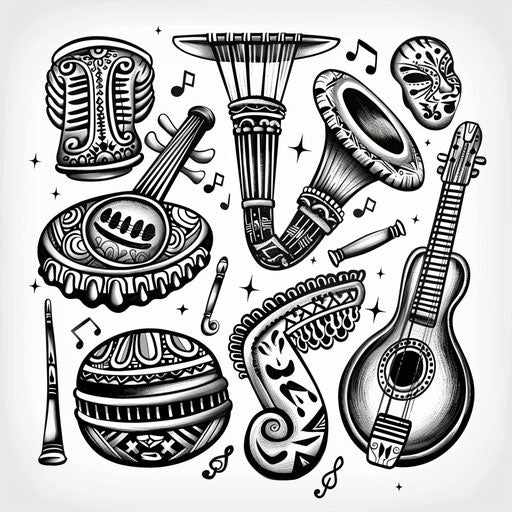 Flat tattoo sketch of neo tribal musical instruments with decorative elements