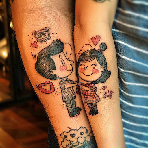 Father-daughter tattoos with cartoonish flair, Steve Sack style