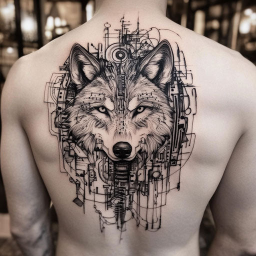 Tribal wolf tattoo in the style of Guy Aitchison