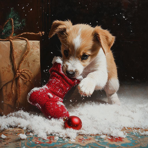 Playful puppy pulling on a dangling Christmas sock