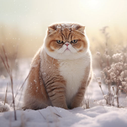 Exotic shorthair cat in a field while it is snowing