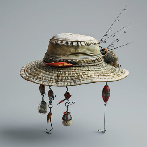 Fishing hat with lures and hooks