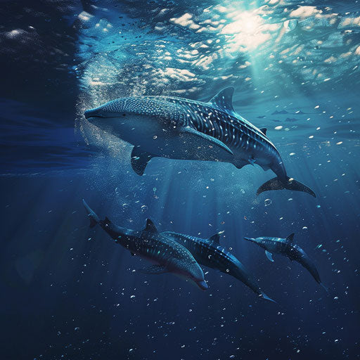 Whale shark swimming with dolphins, marine harmony