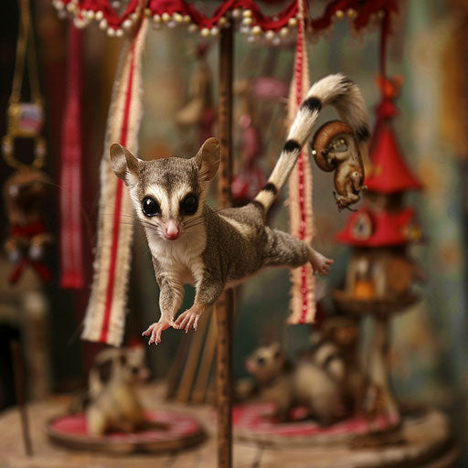 A sugar glider performing acrobatics in a circus of miniature animals