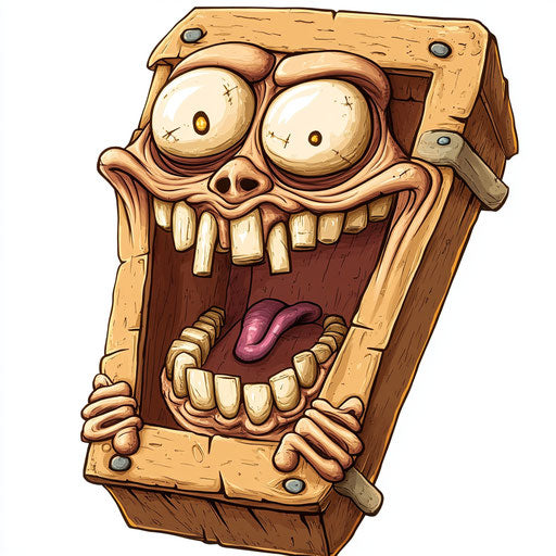 Humorous caricature of a coffin with human characteristics