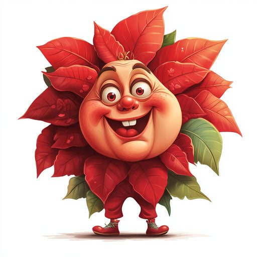 Humorous caricature of a poinsettia with human characteristics