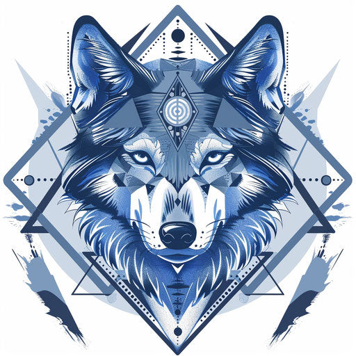 Geometric wolf tattoo sketch with balanced symmetrical designs in soothing blues
