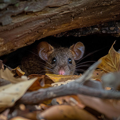 Curious antechinus under fallen log in dense woodland