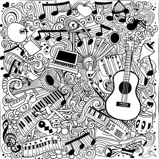 Music-themed coloring book page with notes and instruments