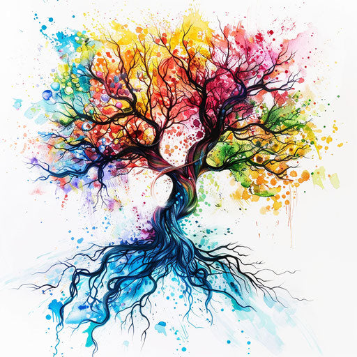 Abstract tree of life tattoo with surreal shapes and vibrant colors