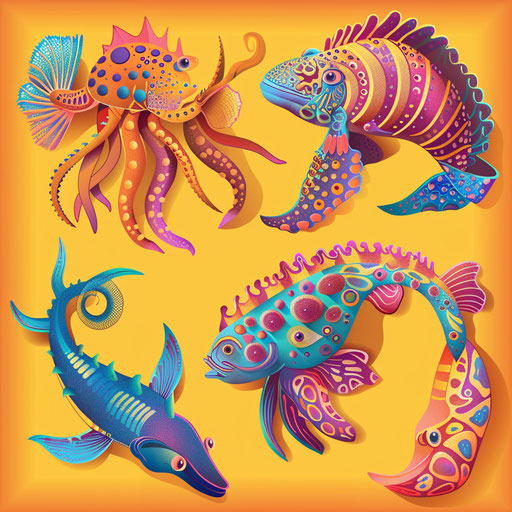 Realistic sea creatures on sunset orange background