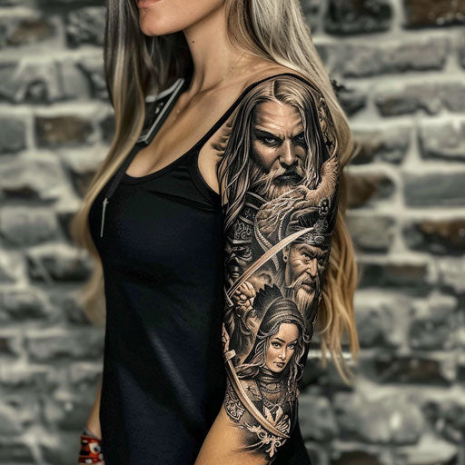 Epic fantasy sleeve tattoos for women with wizards and mystical symbols