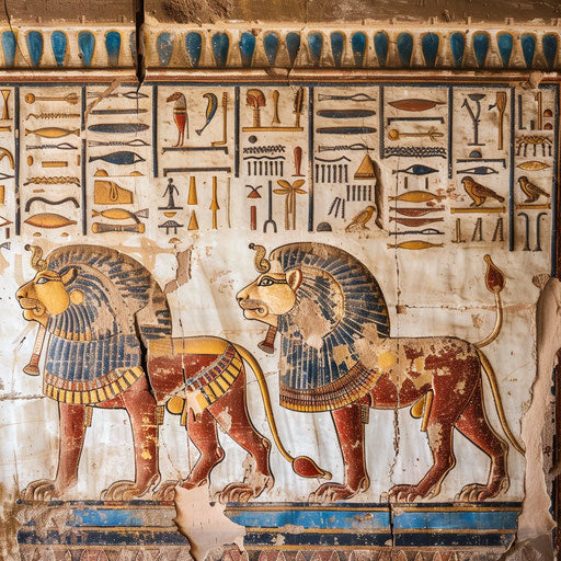 Ancient scene of sacred lions in Egyptian hieroglyphs