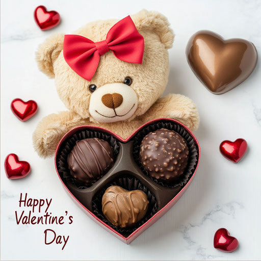 Adorable teddy bear with a red bow in heart-shaped chocolates