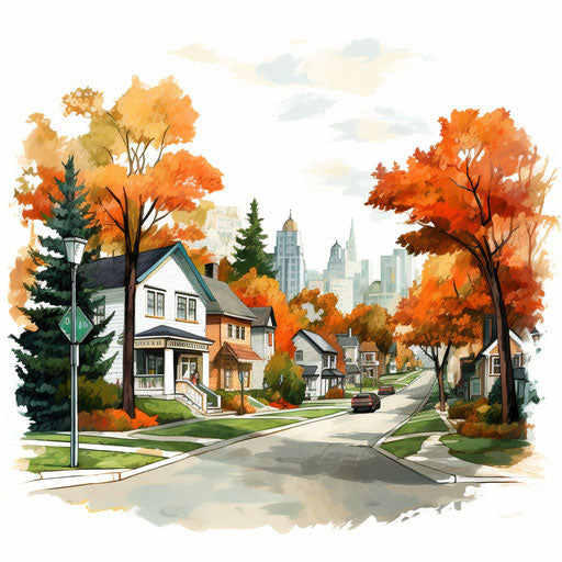 Neighborhood illustration in the style of Oil painting, on a white background